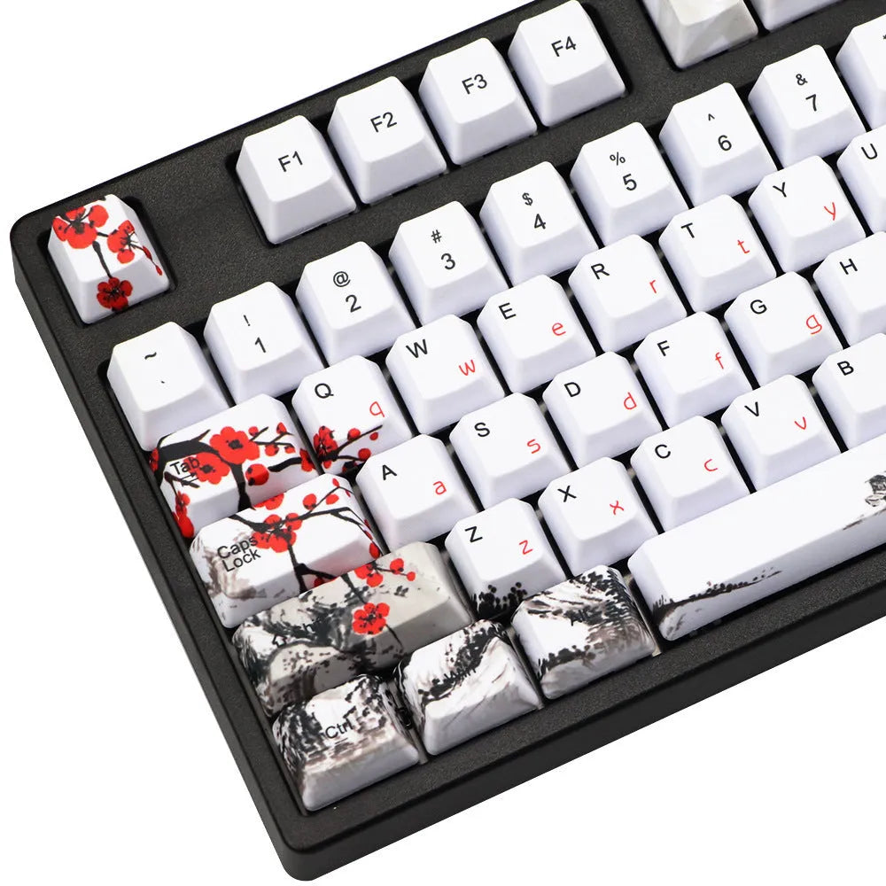 PBT keycap set with Wangjiang plum blossom design, showing Japanese, Korean, and US English legend options