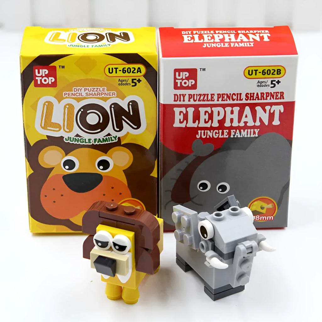 DIY building block pencil sharpener in lion style assembled on a desk with a pencil inserted