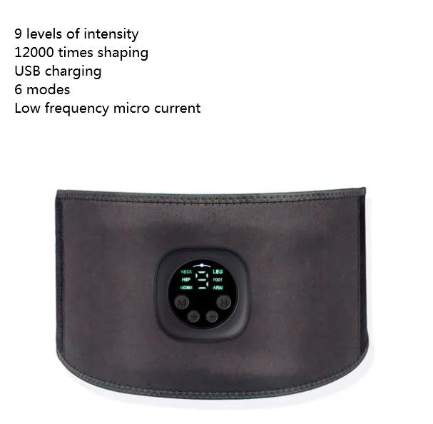 Smart digital display EMS fitness belt for abdominal muscle training in black, 102x17cm, with LCD screen and controls.