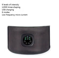 Smart digital display EMS fitness belt for abdominal muscle training in black, 102x17cm, with LCD screen and controls.