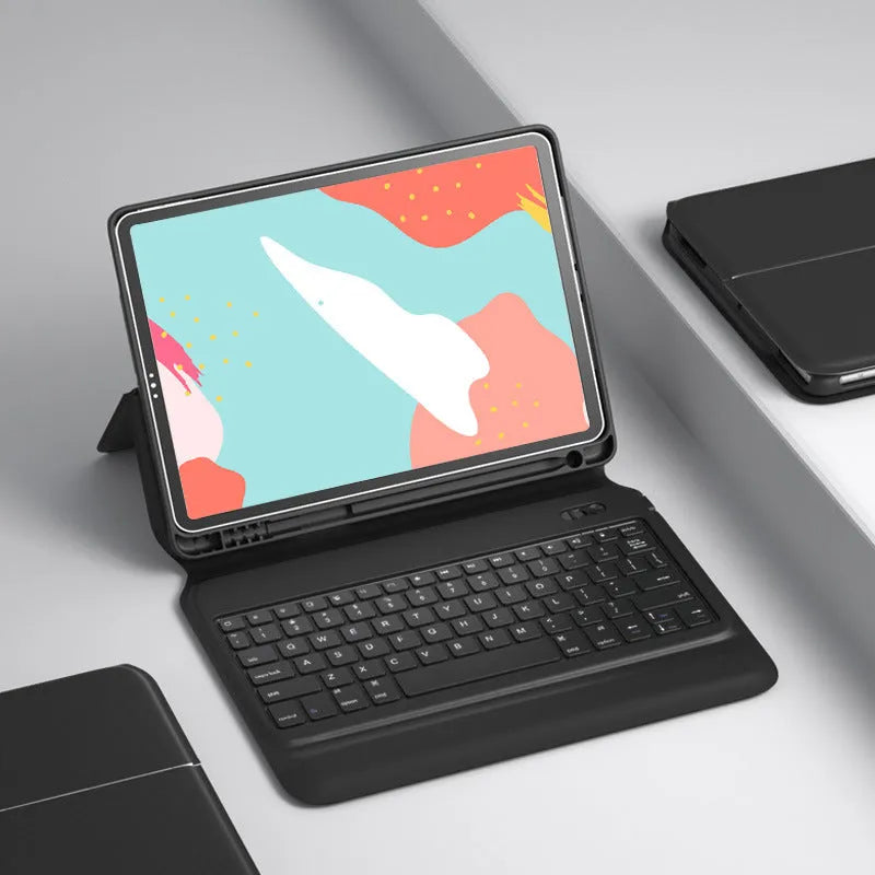 Black ultra-thin flip-style Bluetooth keyboard case open, showing keyboard and iPad slot.