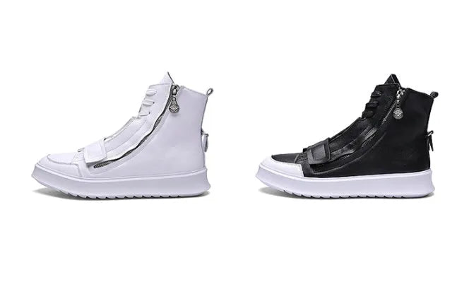 Men's black and white microfiber leather ankle boots in high-top sneaker style, shown with size chart.