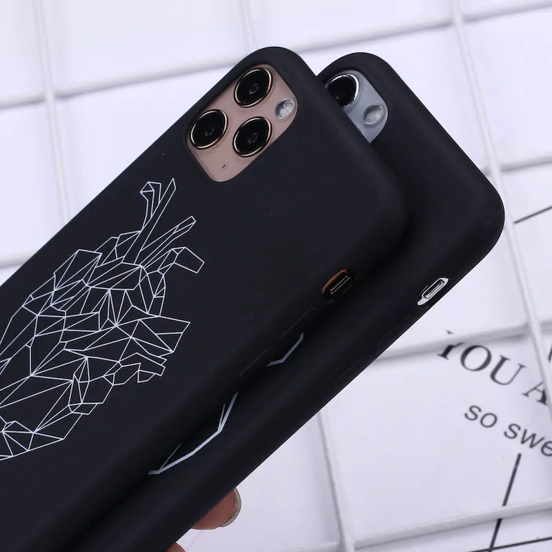 Animal line art painted TPU iPhone case showing graffiti-style cat, deer, horse, love, snake, and wolf designs on solid colour background