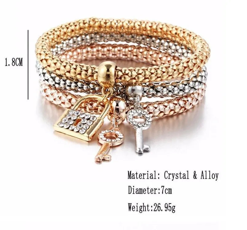 Alloy tricolour stretch popcorn corn chain bracelet set with themed charms in selected colour option