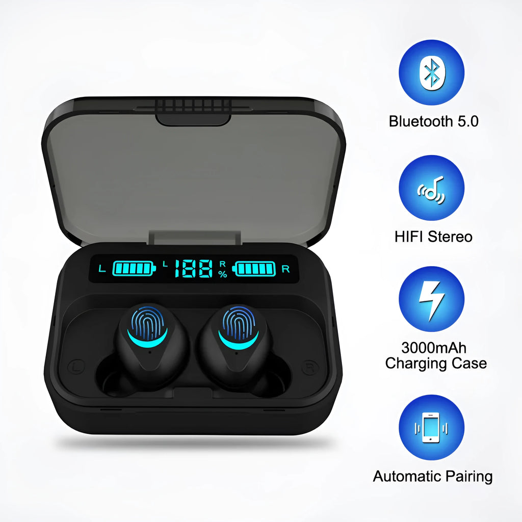 Black TWS Bluetooth headset with bilateral stereo earplugs showing 15 metre wireless range