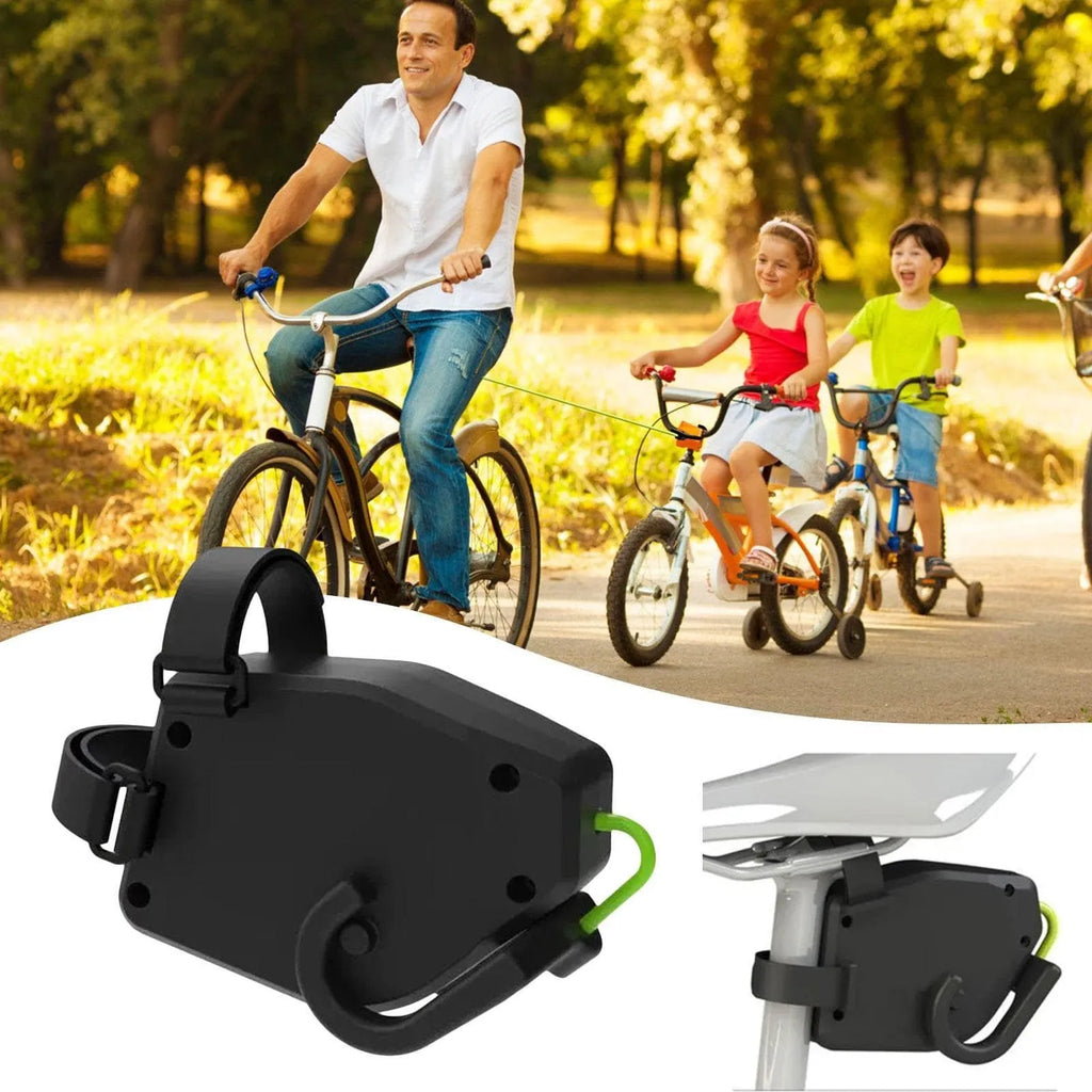 Black plastic bicycle trailer tow rope for connecting bikes to cargo or child trailers.