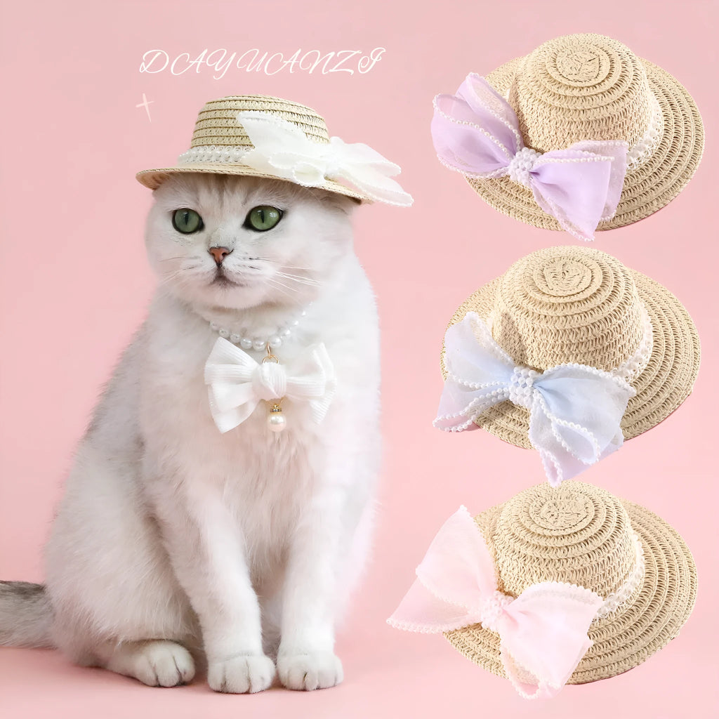 Pink pearl bow woven straw hat for a cat, shown in a princess style on a blank background.