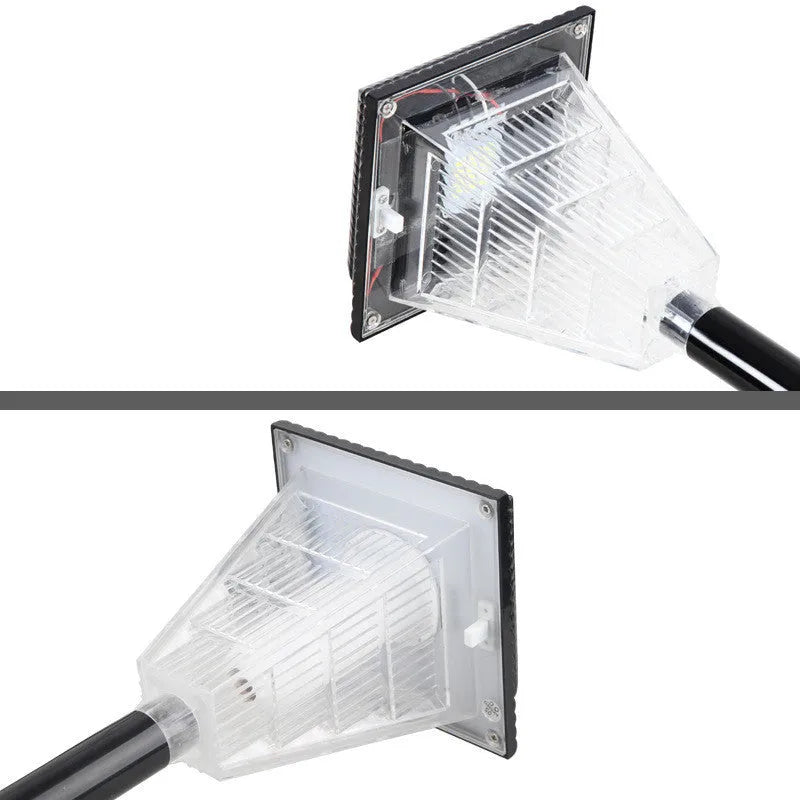 Solar garden light with LED bulbs in decorative outdoor setting showing colour options