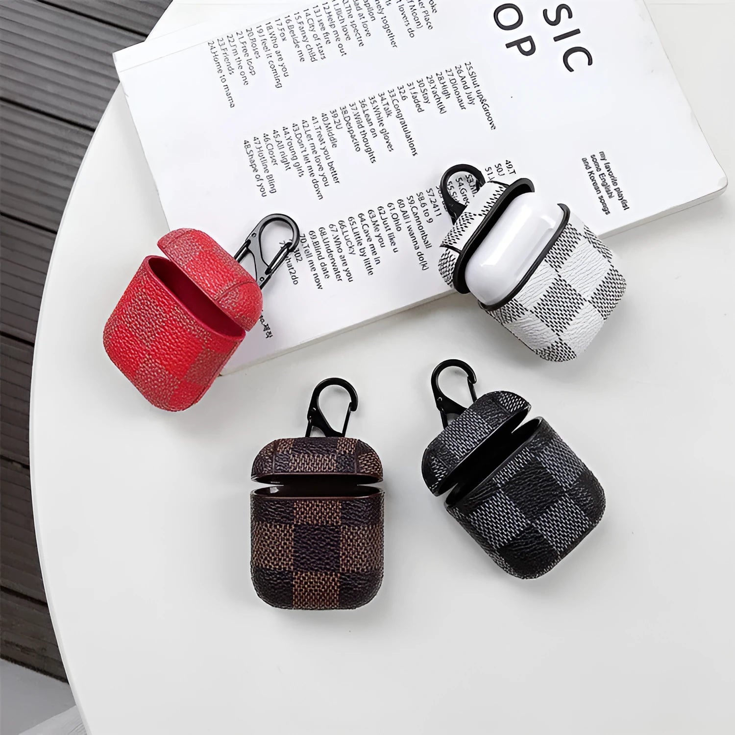 iPhone XS Max leather case with anti-lost hook for Bluetooth headset in grid pattern design