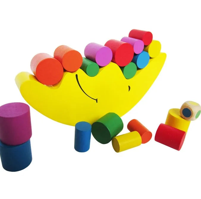 Blue and yellow wooden moon balance game toy for children aged 2-4 years