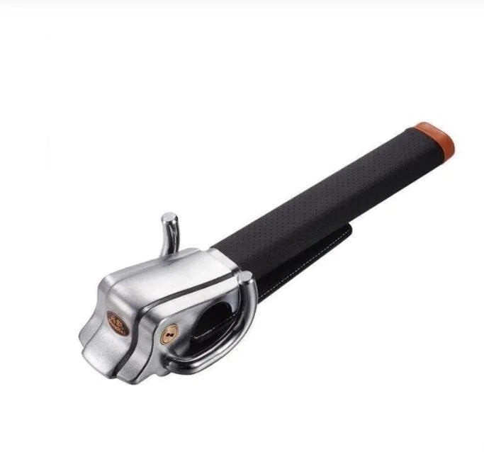 Black and silver car steering wheel lock with alloy body, copper cylinder, two keys, and three-way locking design.