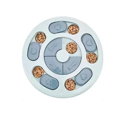 Blue slow feed dog bowl with non-slip base and food sections, made from thickened PP material