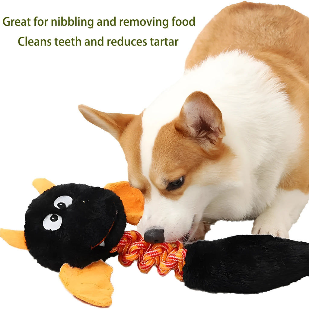Cartoon-design plush dog toy with black, green, and red colour options on a white background.