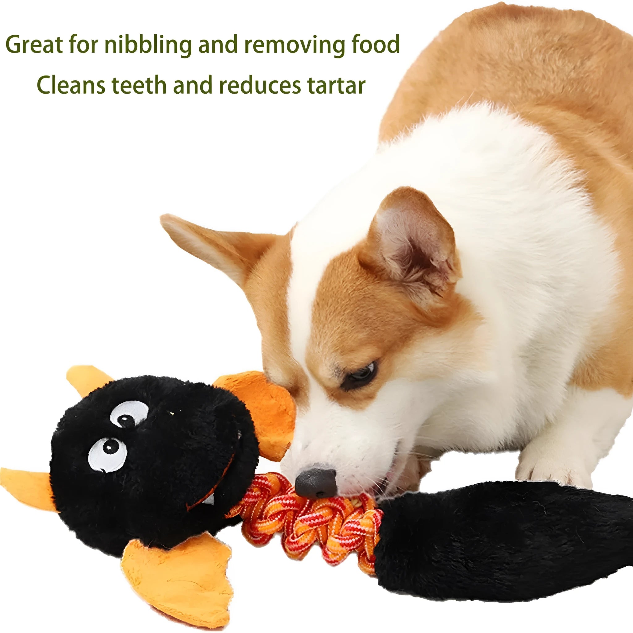 Cartoon-design plush dog toy with black, green, and red colour options on a white background.
