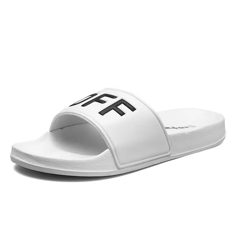 Large black and white open-toe men's slippers with a rubber sole, showing size range 36 to 46.
