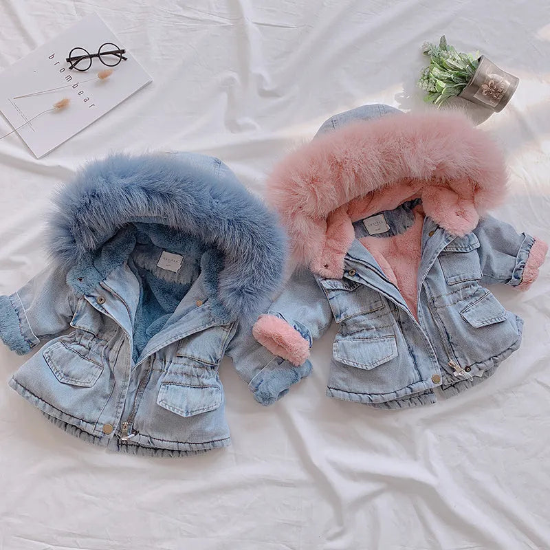 Blue denim coat for a girl with a non-removable hood and pink lining visible.