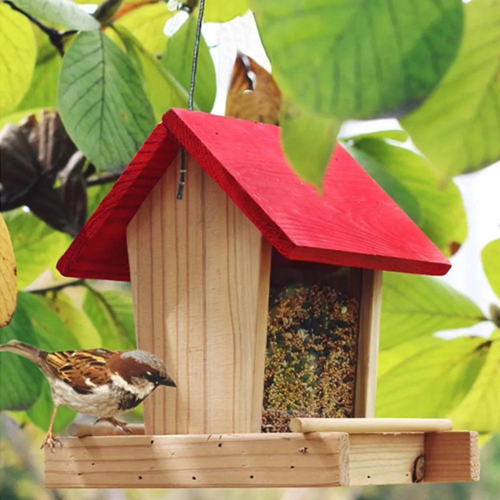 Suspended pine wood bird feeder with red roof and log texture measuring 205x165x210mm