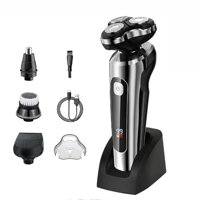 USB rechargeable beard trimmer with digital display and washable head on a five-in-one base.