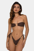 Brown women's tube-top push up bikini swimsuit with split bottom on a mannequin.
