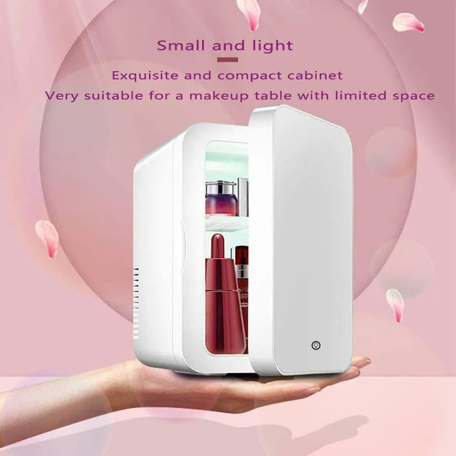 White portable mini makeup fridge with cooling and warming functions for skincare products