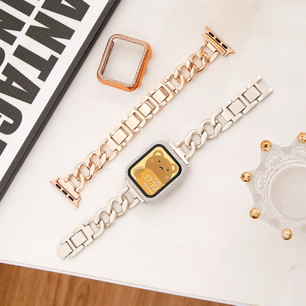 Denim pattern metal chain watch strap for Apple Watch in multiple colour options showing size variations