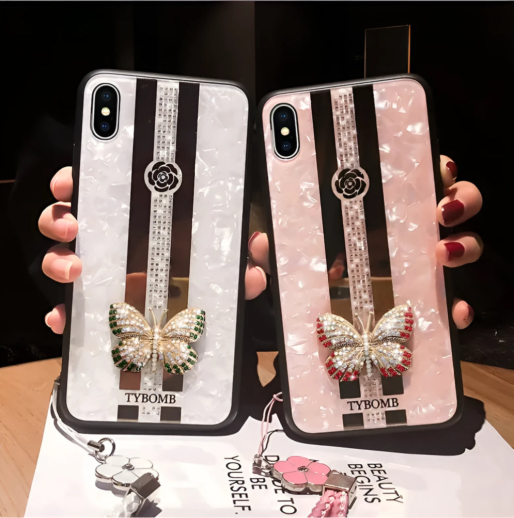 Decorative butterfly mirror iPhone case in acrylic for iPhone models with pearl, purple, rose colour options