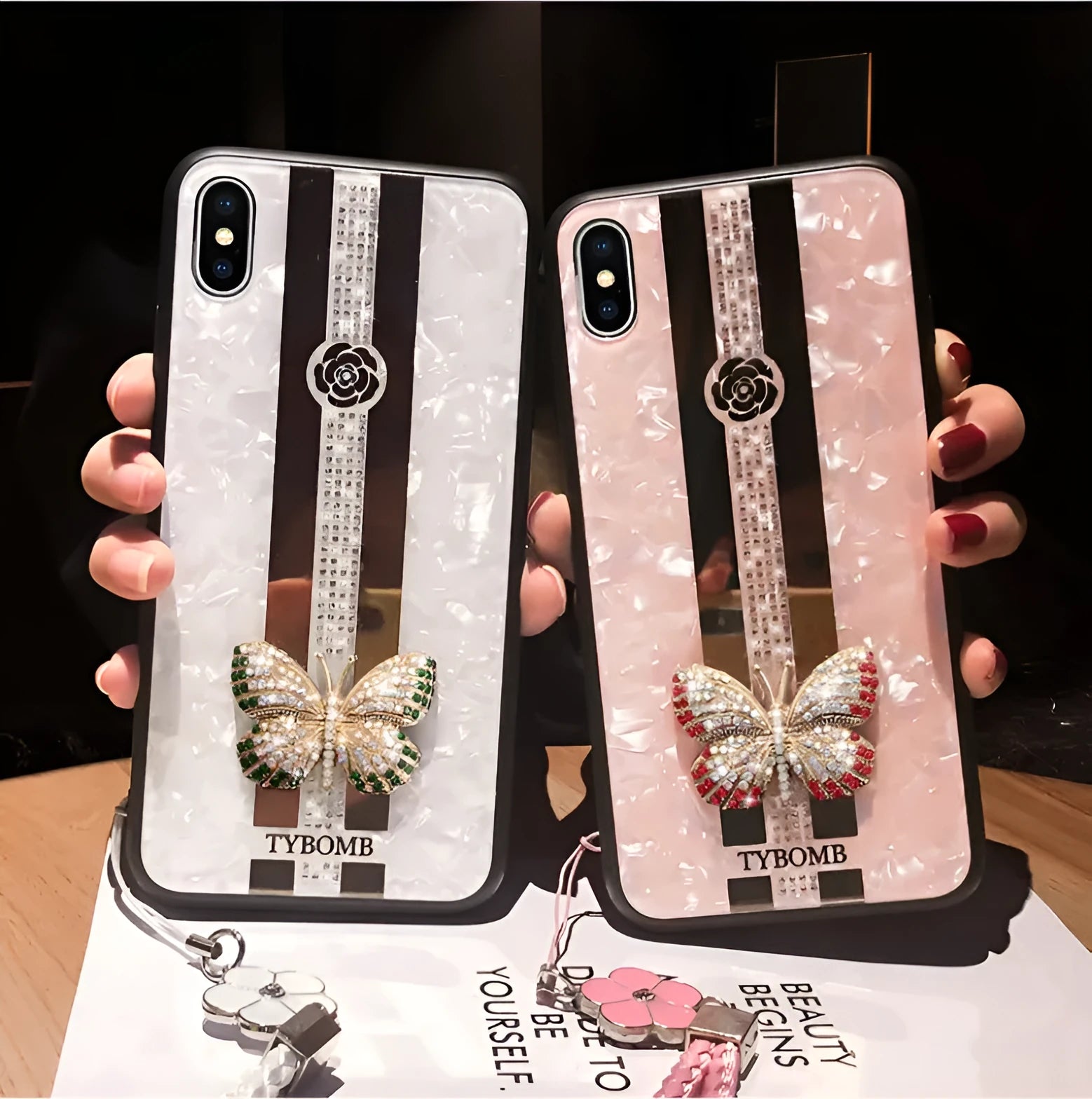 Decorative butterfly mirror iPhone case in acrylic for iPhone models with pearl, purple, rose colour options