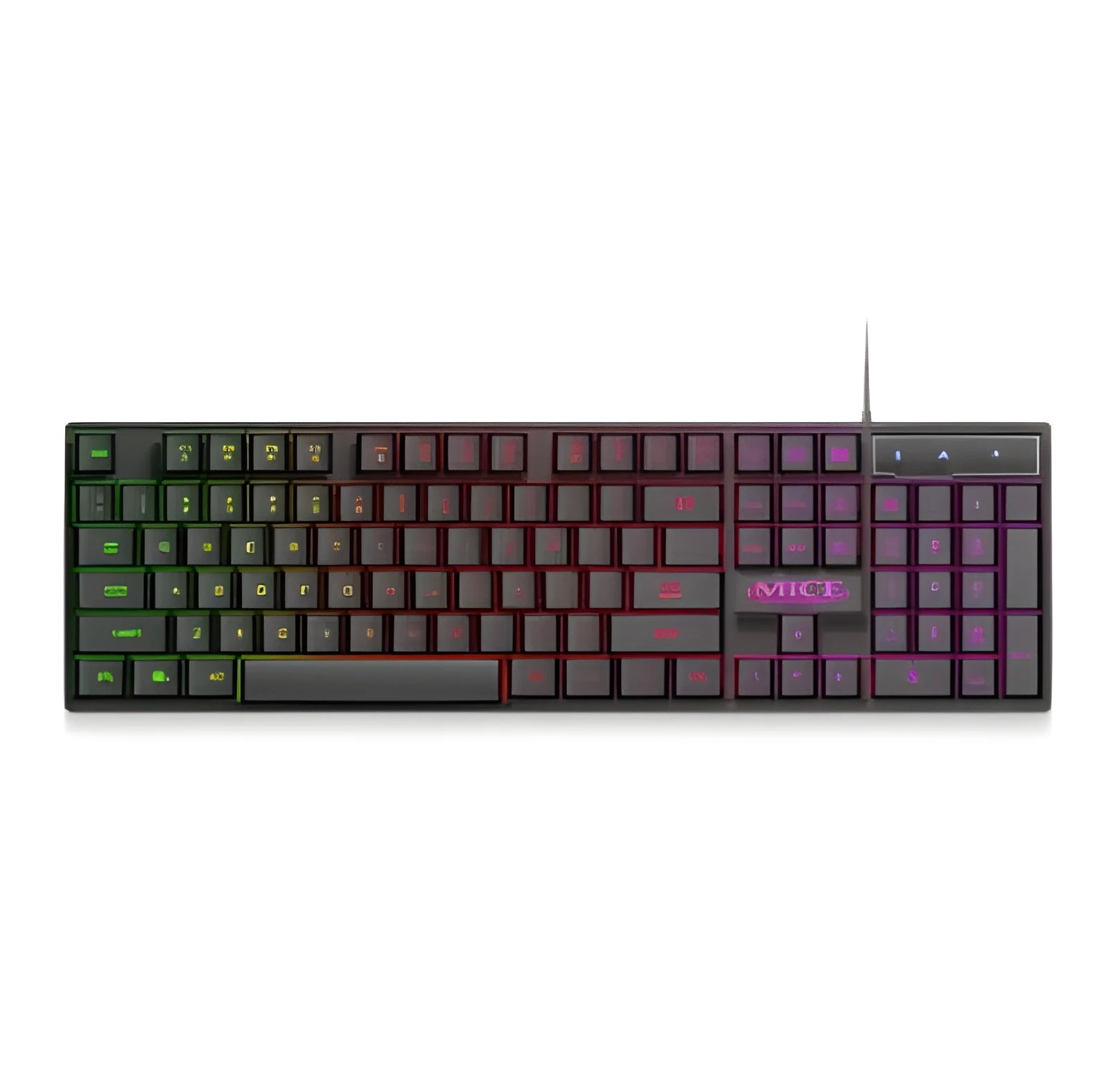 Black USB wired gaming keyboard with luminous backlit keys on a desk.