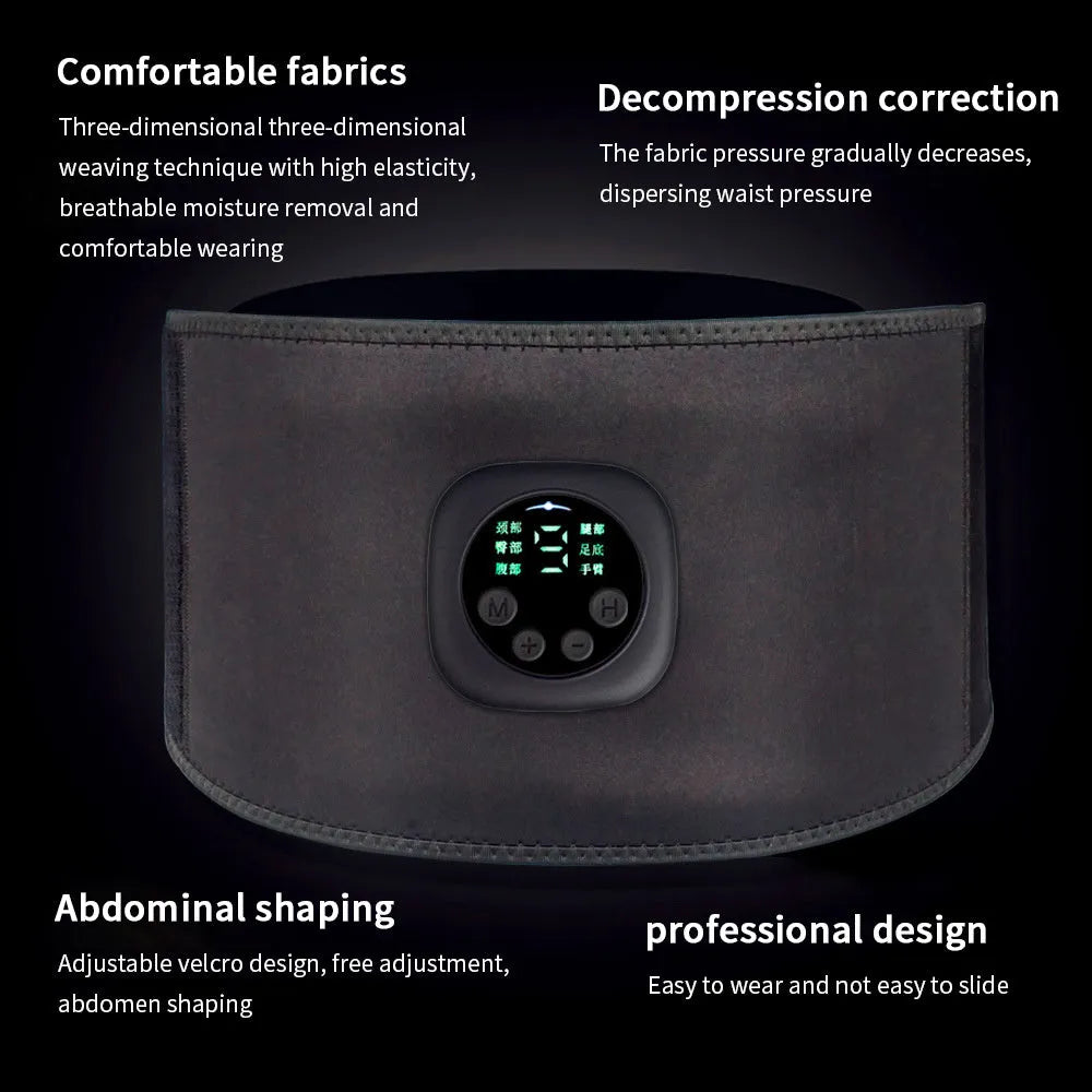 Smart digital display EMS fitness belt for abdominal muscle training in black, 102x17cm, with LCD screen and controls.