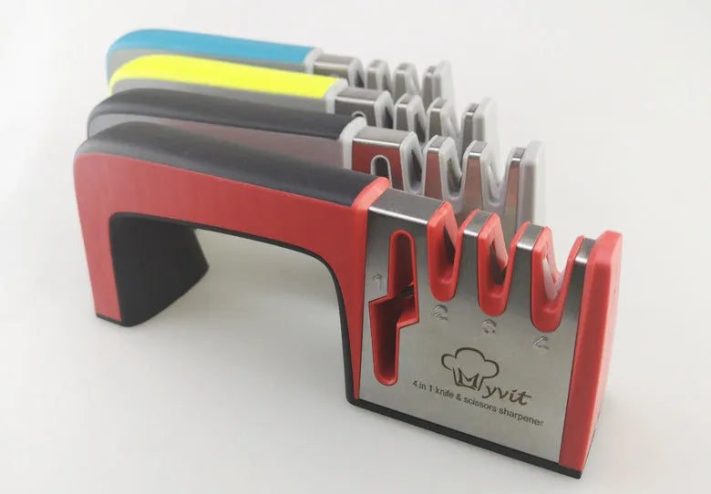 4-in-1 kitchen knife and scissor sharpener with stainless steel construction and multiple colour options
