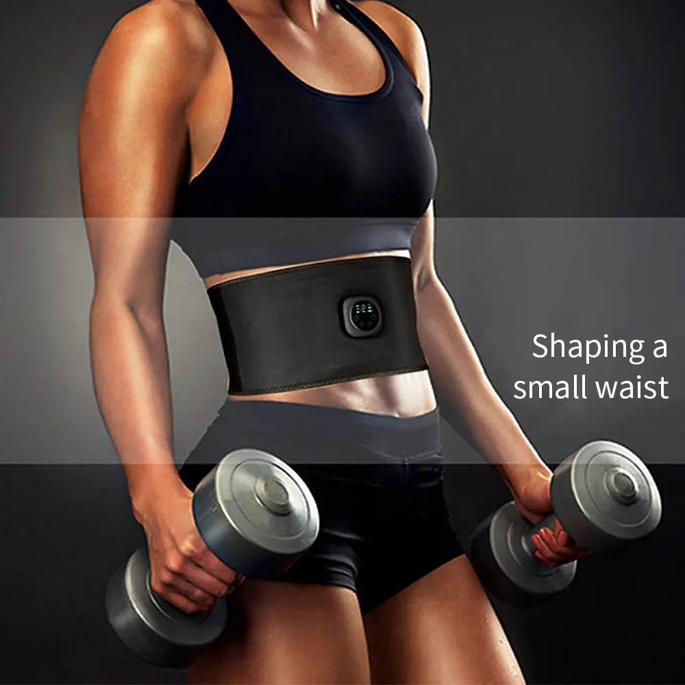 Smart digital display EMS fitness belt for abdominal muscle training in black, 102x17cm, with LCD screen and controls.