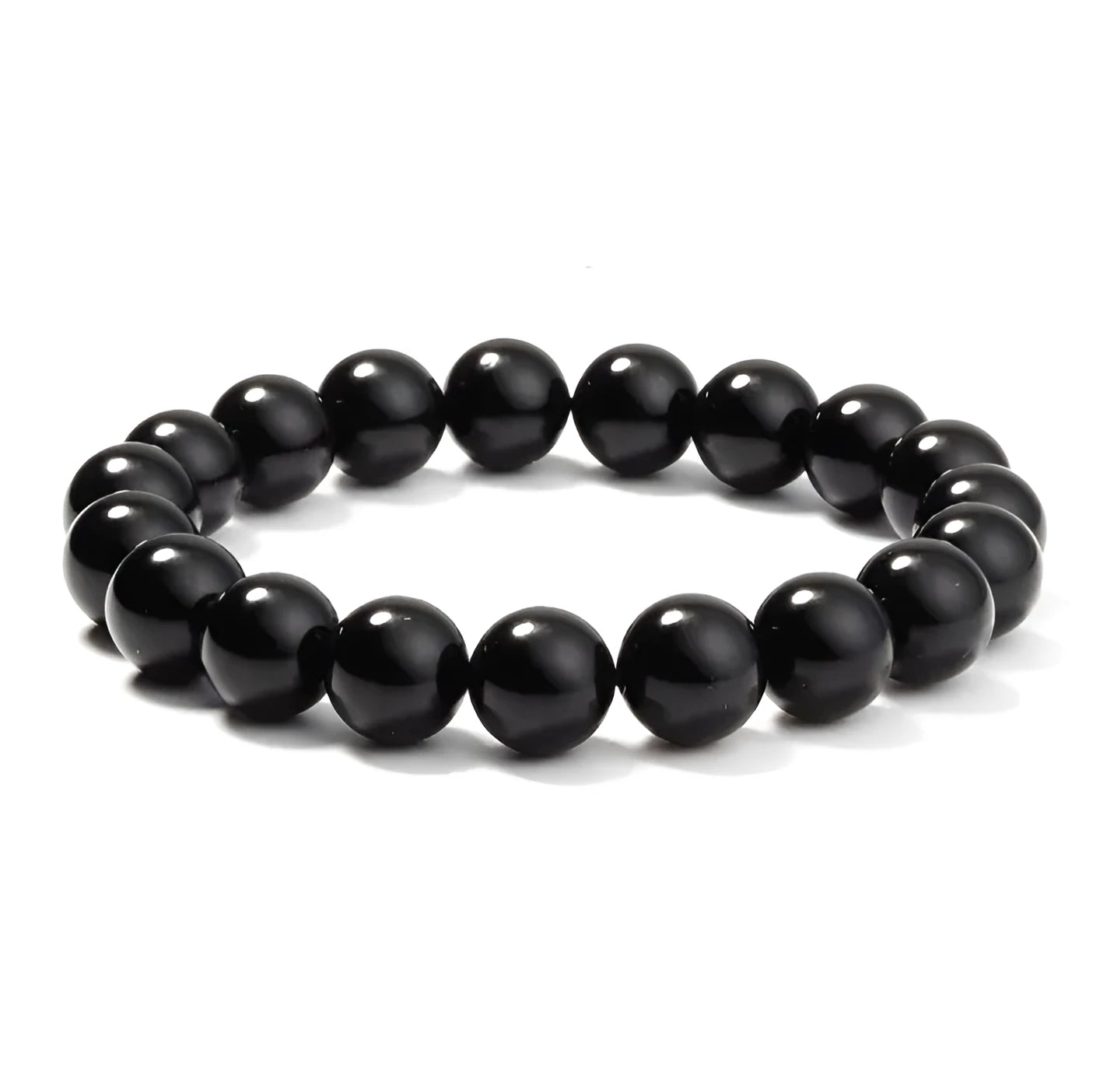 Black agate geometric bracelet with 8mm beads on a black elastic cord.