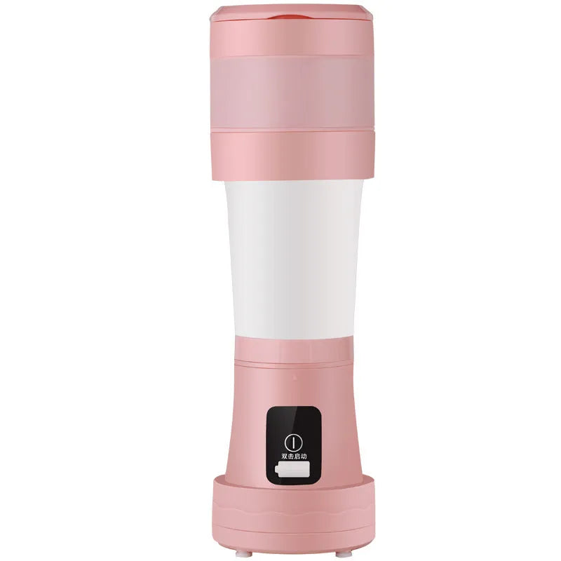 Blue portable USB blender with 450ml cup shown folded and extended next to fruits