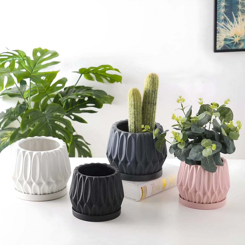 Grey ceramic medium flowerpot for desktop or floor plant display with simple styling