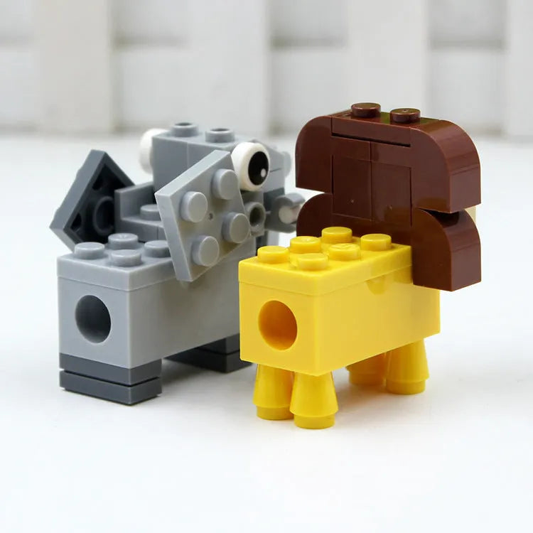 DIY building block pencil sharpener in lion style assembled on a desk with a pencil inserted