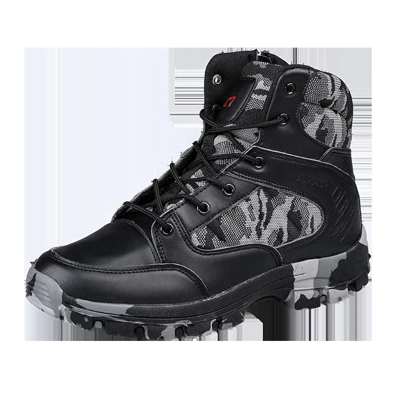 Men's black high-top hiking shoe with metal detail on a rugged outdoor surface