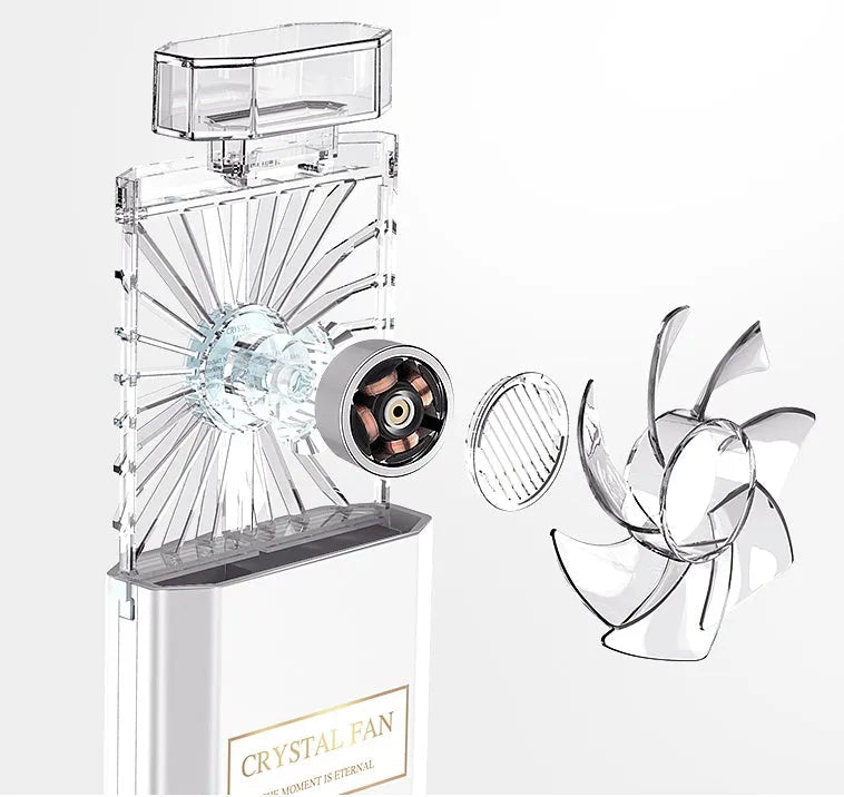 Pink portable perfume fan with USB charging port and integrated rechargeable battery