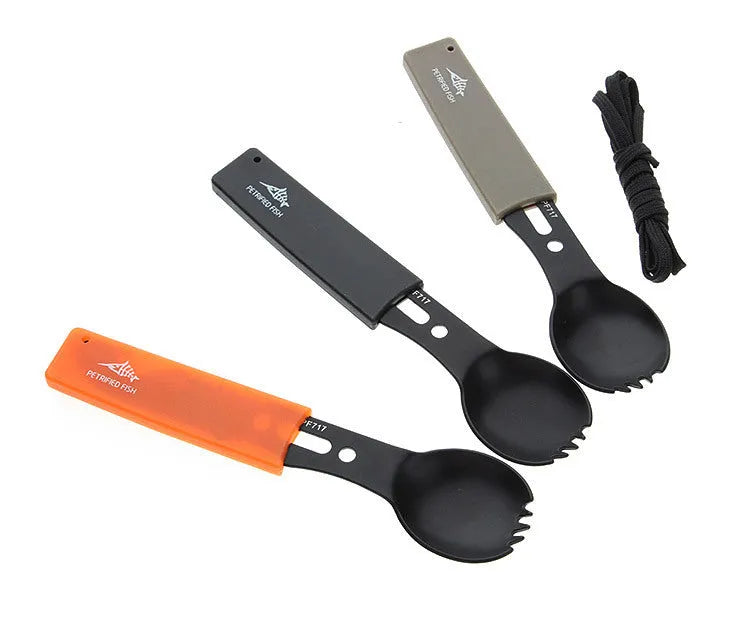 Outdoor spoon fork knife set with whistle, 15.7cm stainless steel camping multi-tool in black and green