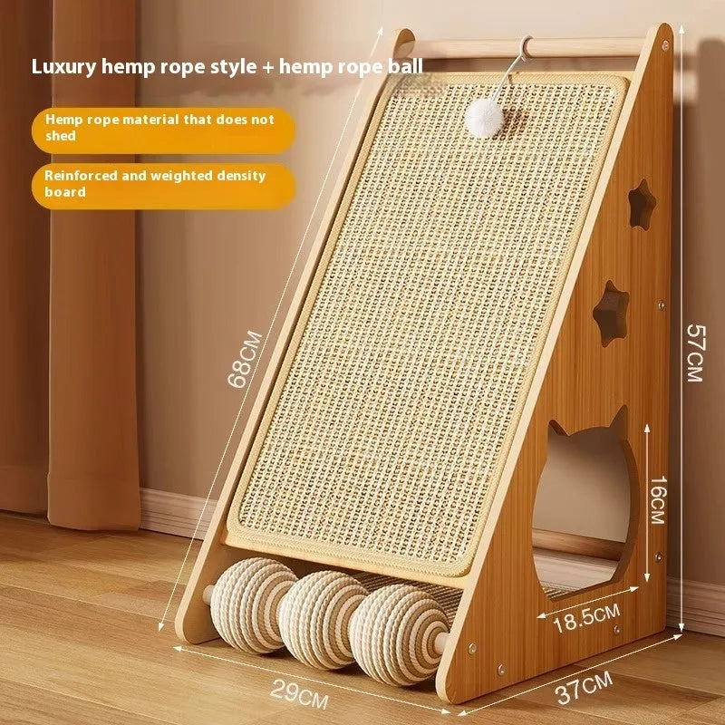 Vertical wall-mounted cat scratch board with sisal surface and hemp rope toys