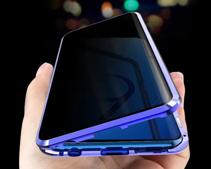 Black anti-peeping magnetic clamshell phone case for Samsung smartphones with privacy screen, shown open.