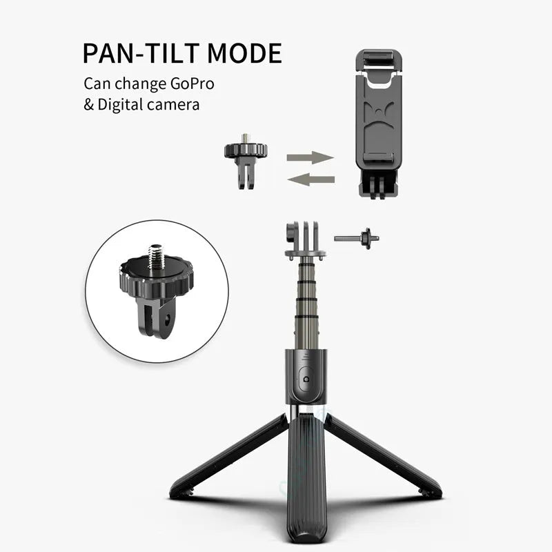 Black aluminium tripod selfie stick for iPhone extended to its full length.