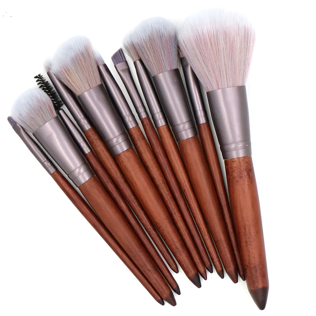 11-piece makeup brush set with synthetic hair heads, matte coffee aluminium ferrules, and natural wood handles