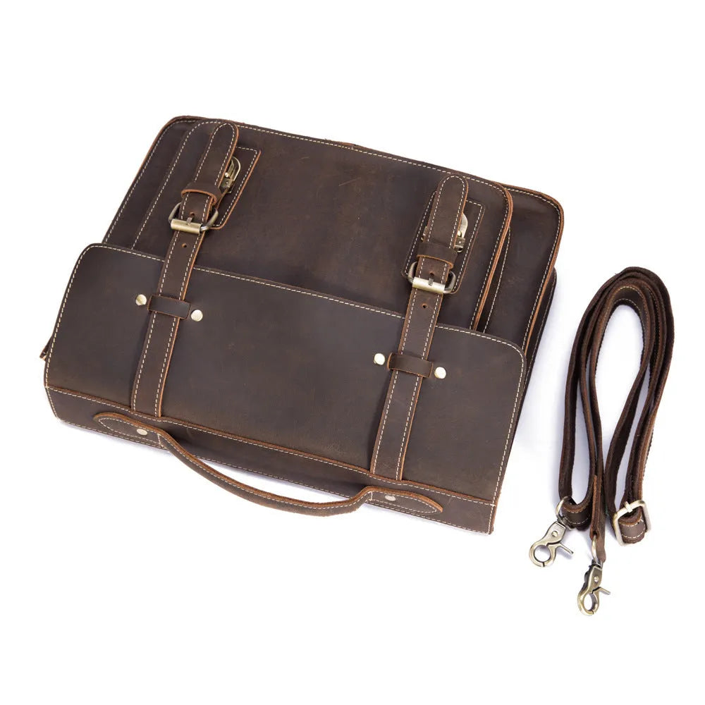 Men's dark brown first layer crazy horse leather handbag with shoulder strap and top handle, 36cm x 9cm x 27cm