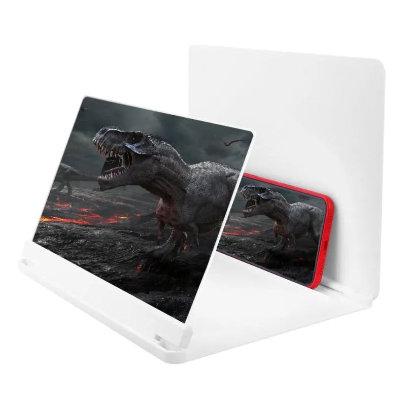 White phone screen amplifier showing smartphone magnification with plexiglass lens and fibreboard frame