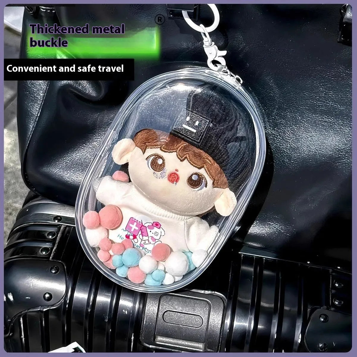 17cm transparent PVC cotton doll storage bag with keychain in avocado green colour
