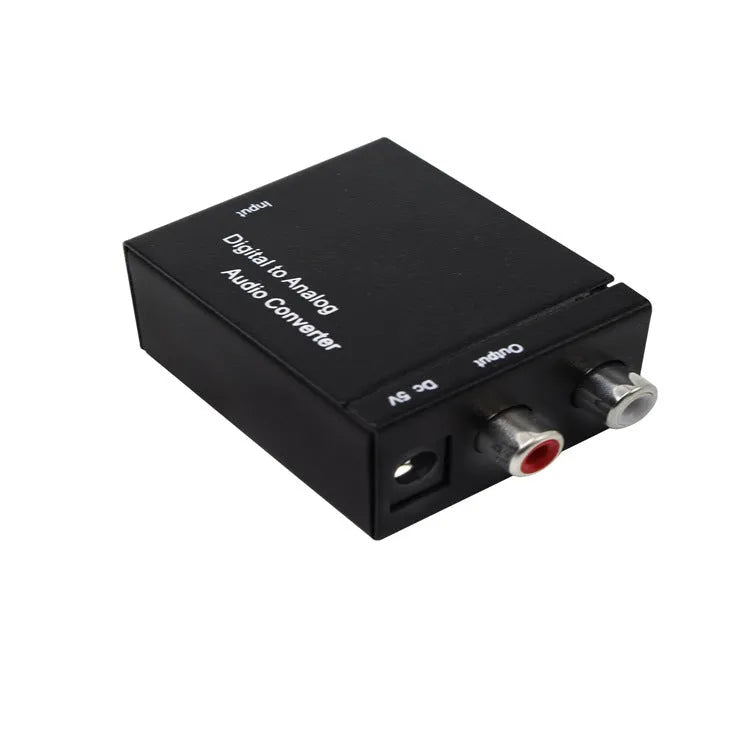 Black analog to digital audio converter with coaxial and optical inputs and RCA output for TV speaker