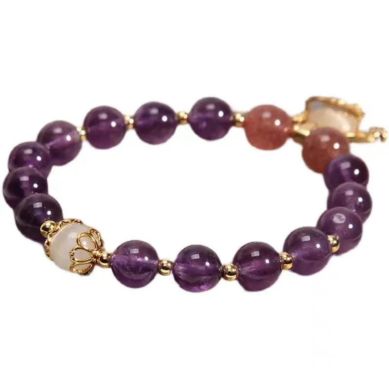 Women's copper longevity lock bracelet with natural amethyst stones and real gold detailing in retro drop-shaped design