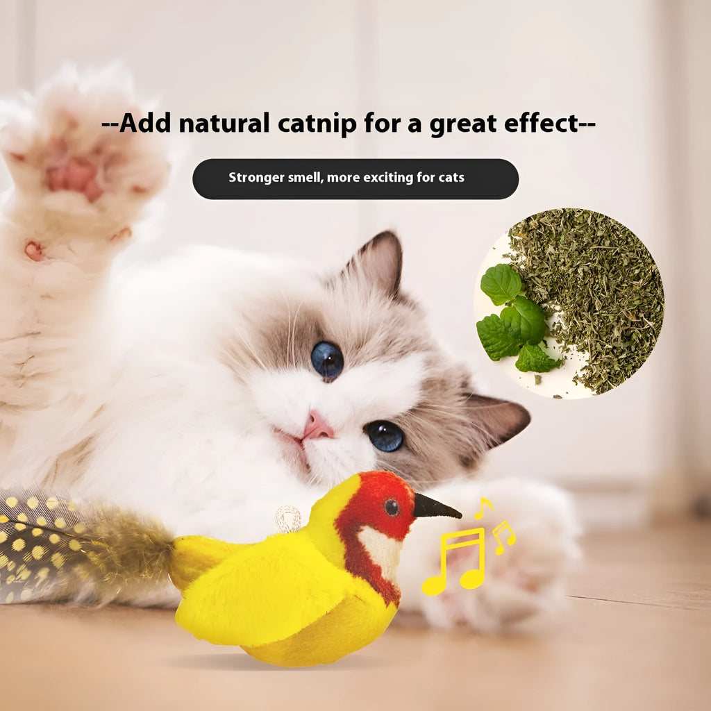 Plush bird simulation cat toy in blue kingfisher colour with feather-like design