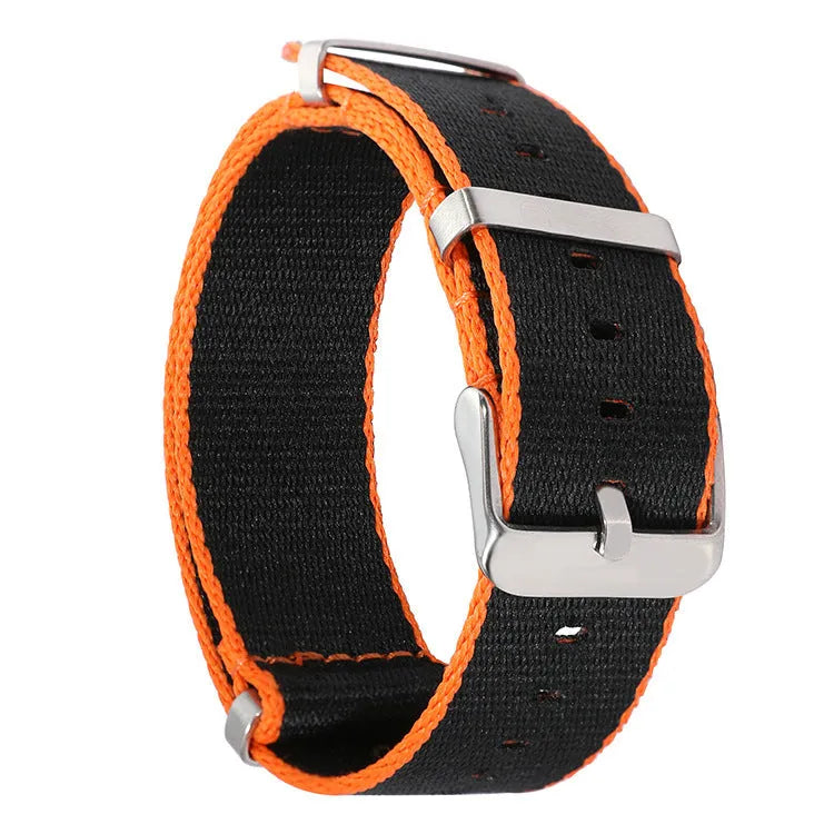 All-match waterproof colour hem nylon watchband in 20mm width on a watch, showing edge accent
