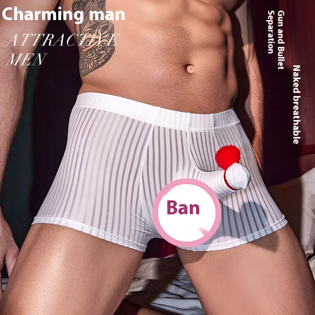 Men's black striped boxer briefs made from breathable nylon fabric.
